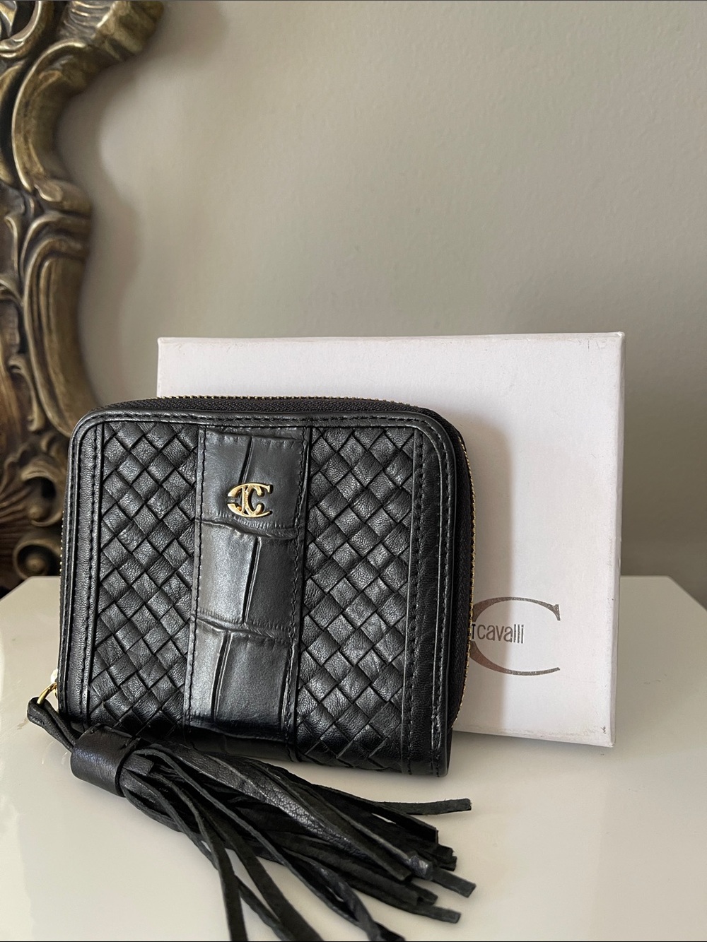 Just Cavalli Black Woven Leather Zip Wallet with Tassel and Gold Logo